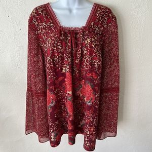 Y2K 90s Faded glory womens 26W Boho Mixed Print Butterfly Blouse Flare Lace Boho